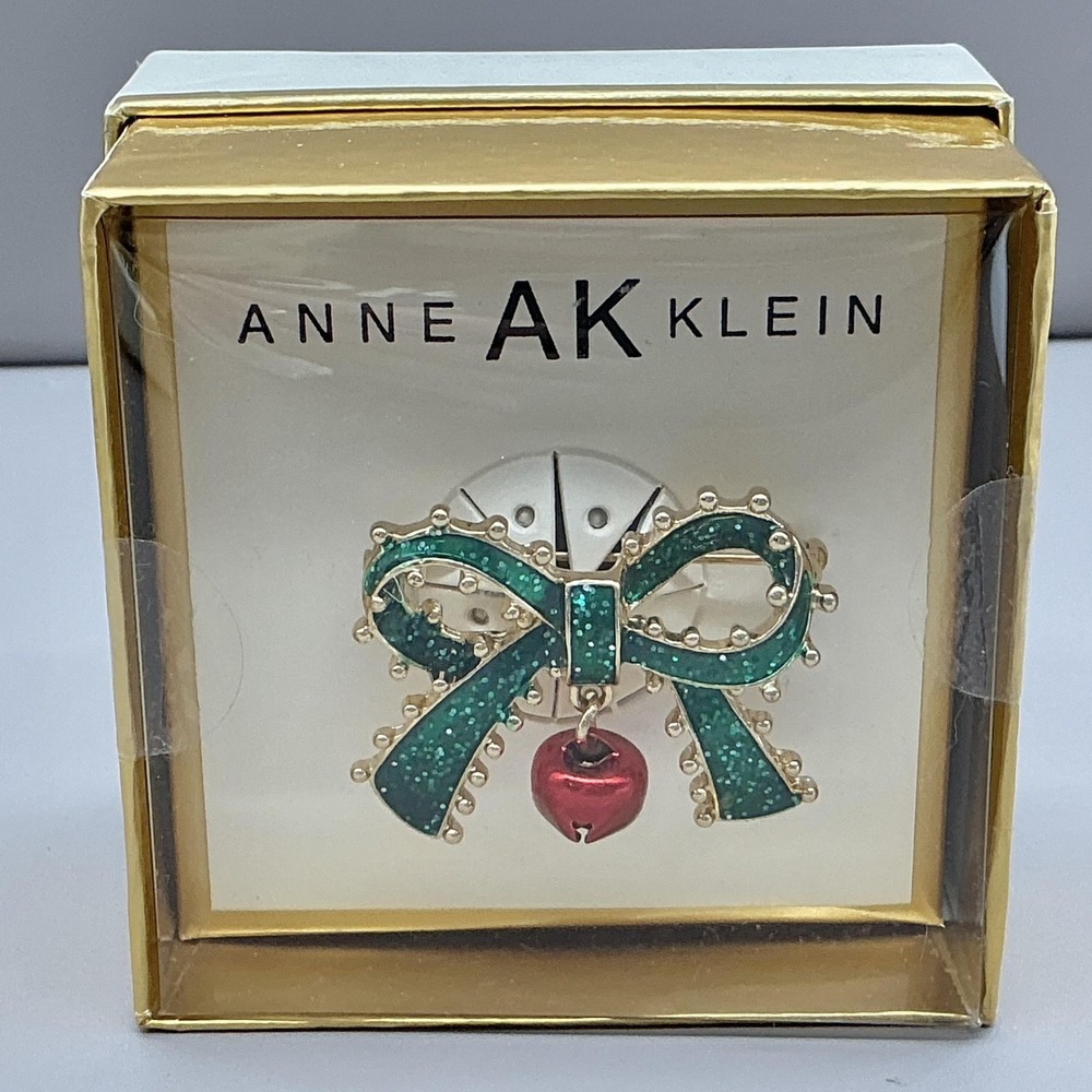 Anne Klein Green Enamel‎ Bow Brooch Pin Bell Dangle Gold Tone Holiday Jewelry
